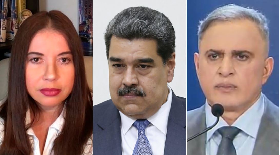Collage de la periodista venezolana Maibort Petit (I), el dictador venezolano Nicolás Maduro (C) y el fiscal general venezolano Tarek William Saab (D)